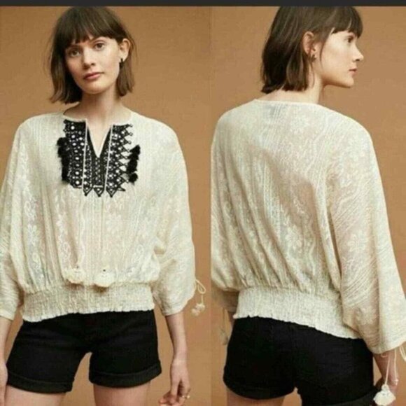 Vineet Bahl Anthropologie Lona Lace Boho Blouse Peasant Cream Black Tassel Top S - Picture 3 of 13